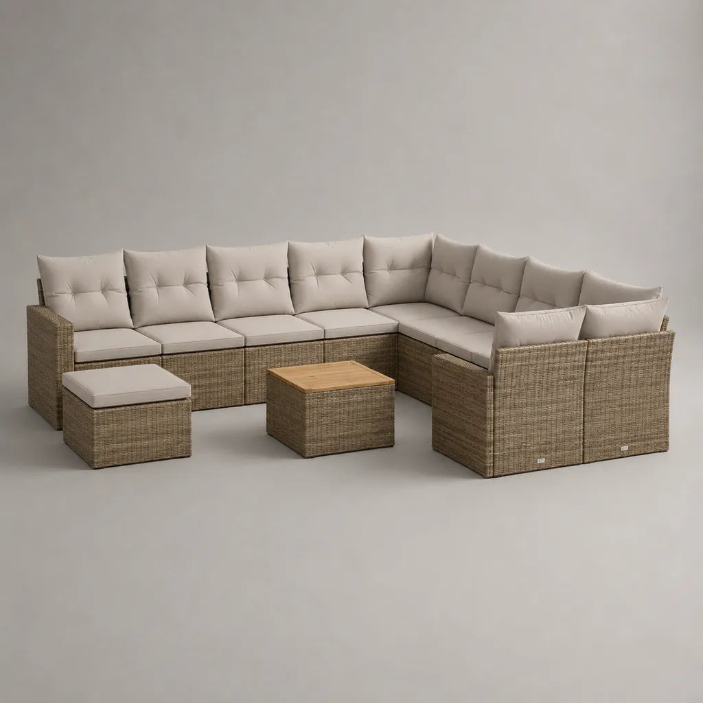 Ensemble de jardin d’angle modulable 9 pièces, 7 places, en résine tressée PE, acier et bois, taupe et beige, 324 × 204 × 74 cm