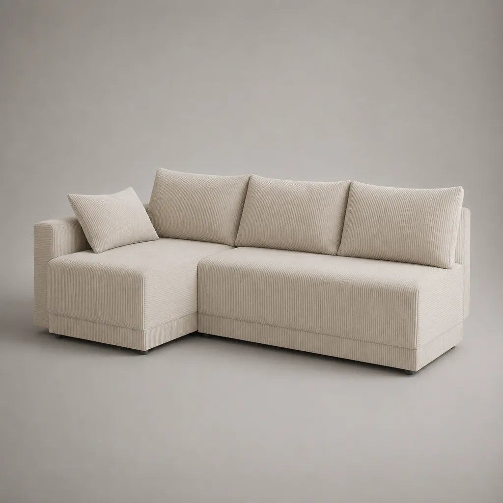 Canapé d’angle modulable 3 places avec méridienne gauche en velours côtelé polyester crème, 235 × 150 × 85 cm