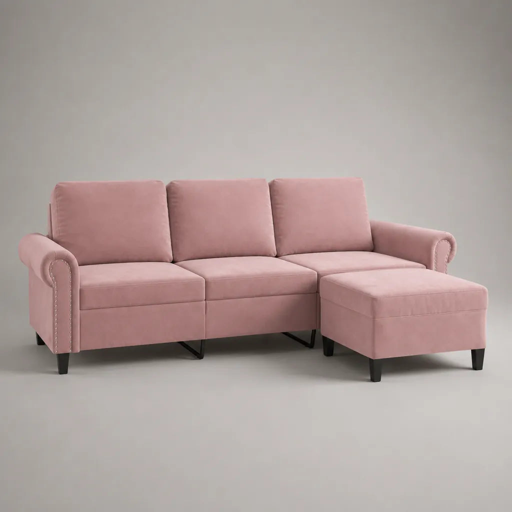 Canapé d’angle 3 places en tissu avec méridienne droite, rose poudré/noir, 220 × 145 × 88 cm