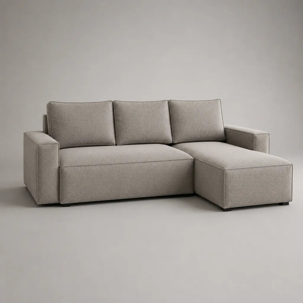 Canapé d’angle 3 places en tissu gris clair avec méridienne droite, 220 × 150 × 85 cm