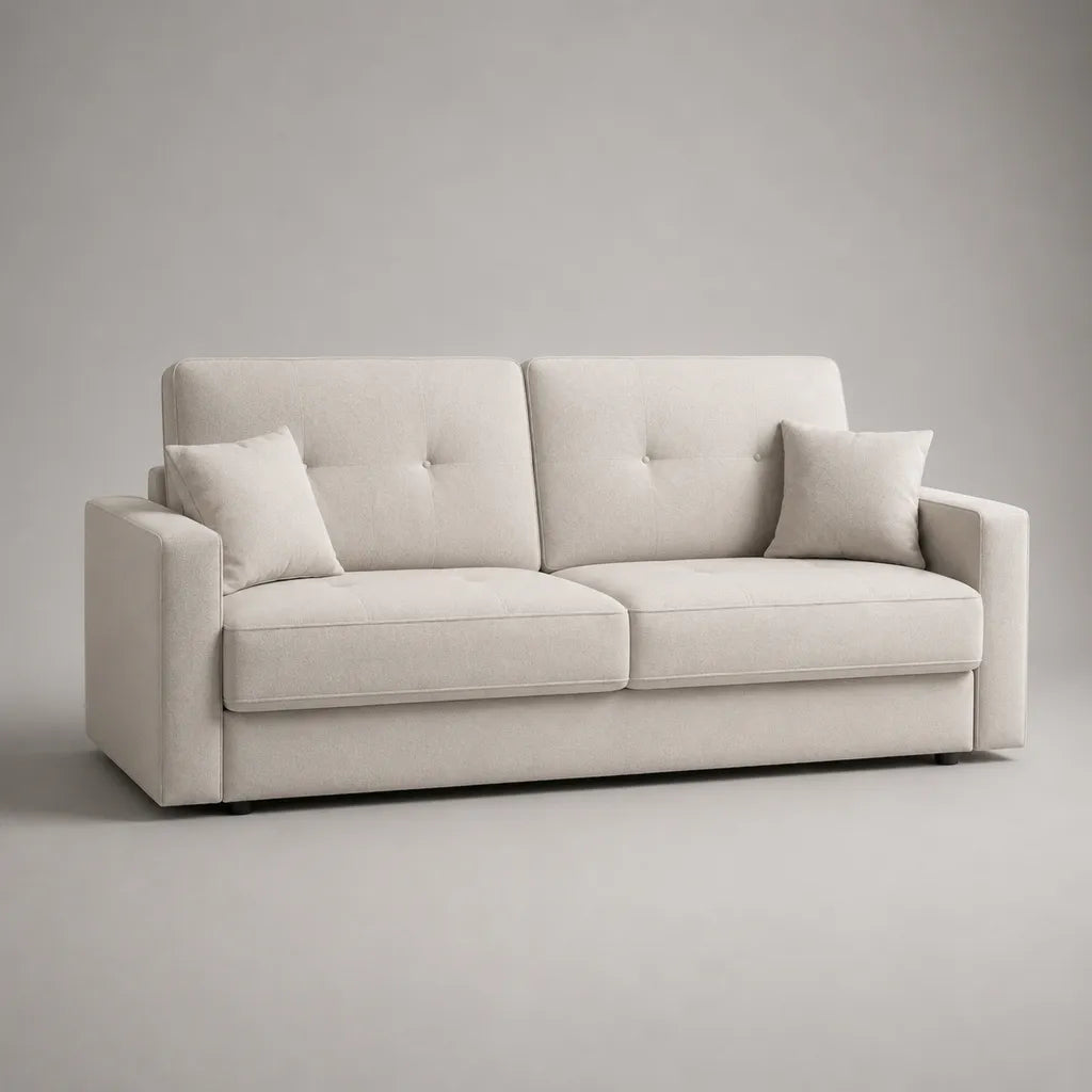Canapé droit 3 places en tissu beige clair avec 2 coussins, 210 × 90 × 88 cm