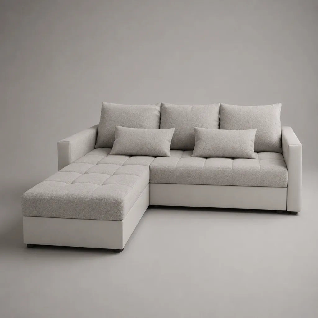 Canapé d’angle gauche 3 places avec méridienne en polyester et PU, gris clair et blanc, 225 × 150 × 85 cm