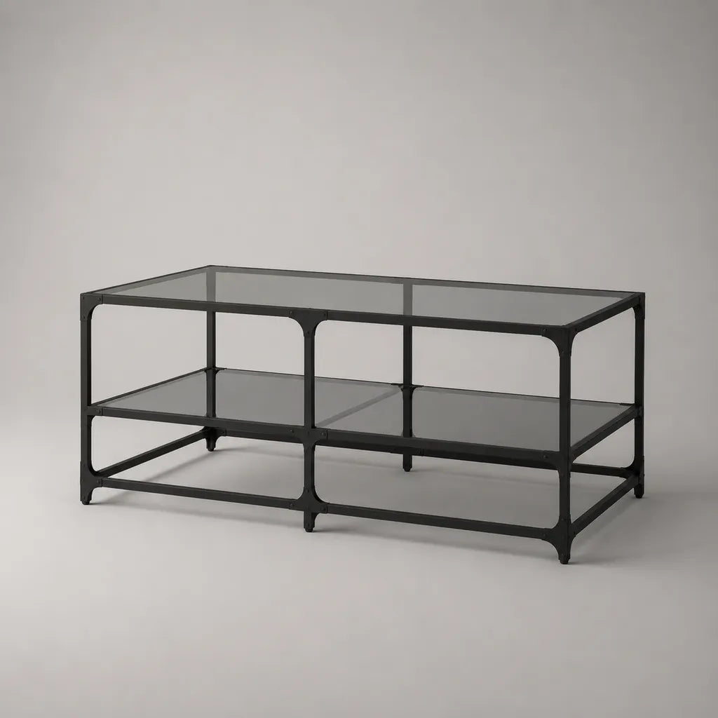 Table basse rectangulaire noire à 2 plateaux en verre trempé fumé et structure en acier, 110 x 60 x 45 cm