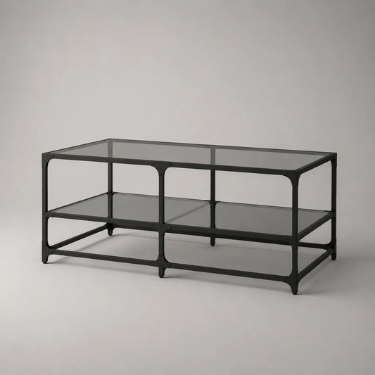 Table basse rectangulaire noire à 2 plateaux en verre trempé fumé et structure en acier, 110 x 60 x 45 cm