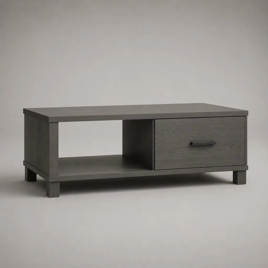 Table basse rectangulaire en panneau de particules mélaminé gris anthracite avec tiroir et étagère, 100 × 50 × 45 cm
