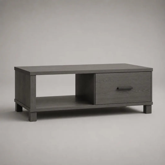 Table basse rectangulaire en panneau de particules mélaminé gris anthracite avec tiroir et étagère, 100 × 50 × 45 cm