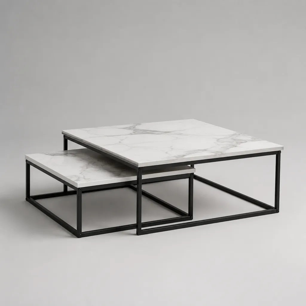 Lot de 2 tables basses gigognes carrées en bois effet marbre blanc et métal noir, 80 × 80 × 45 cm et 60 × 60 × 38 cm