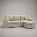 Canapé d’angle 3 places en polyester beige avec méridienne droite et coffre, 225 × 150 × 85 cm
