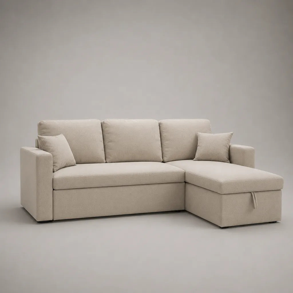 Canapé d’angle 3 places en polyester beige avec méridienne droite et coffre, 225 × 150 × 85 cm