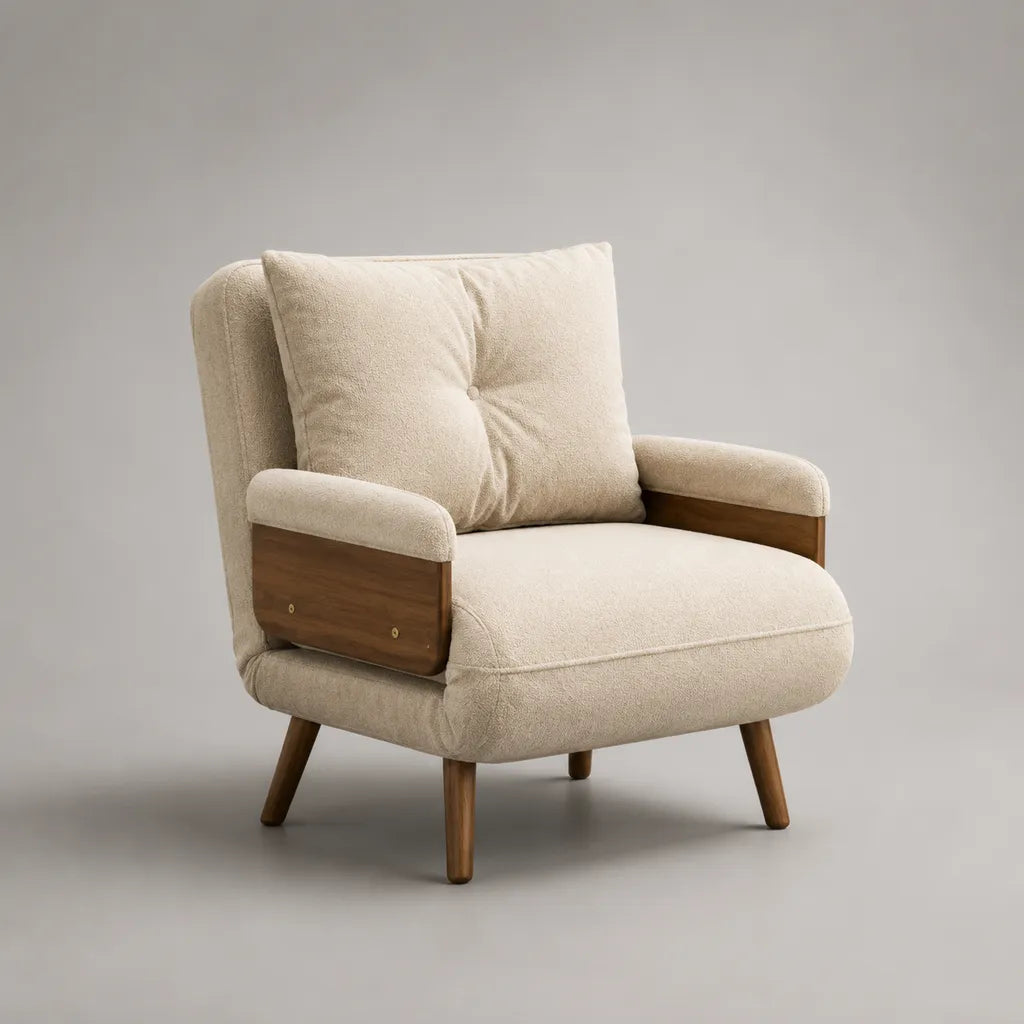 Fauteuil avec accoudoirs en tissu bouclette polyester et bois massif, écru et noyer, 83 × 82 × 90 cm