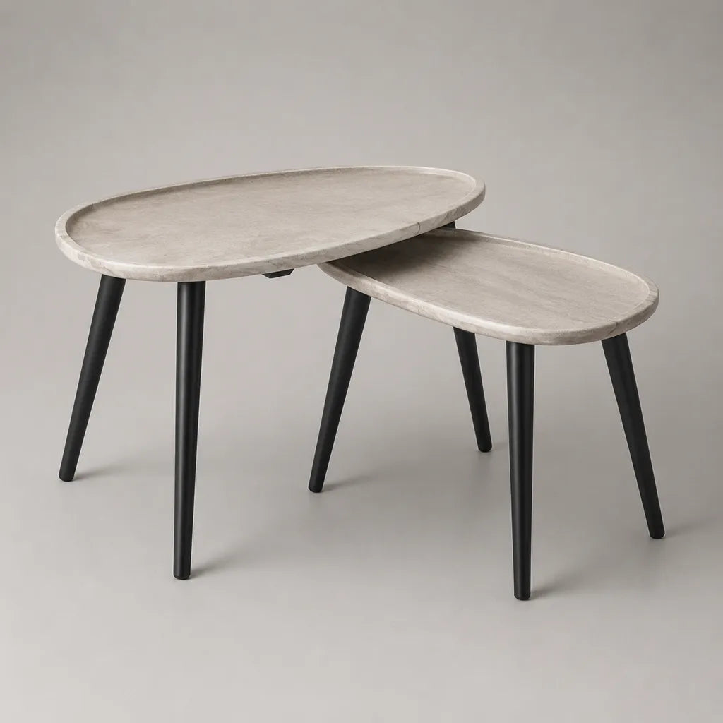Lot de 2 tables basses gigognes en MDF mélaminé et acier, forme organique, gris pierre et noir, 80 × 50 × 45 cm et 60 × 40 × 38 cm