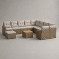 Ensemble de jardin d’angle modulable 9 pièces, 7 places, en résine tressée PE, acier et bois, taupe et beige, 324 × 204 × 74 cm