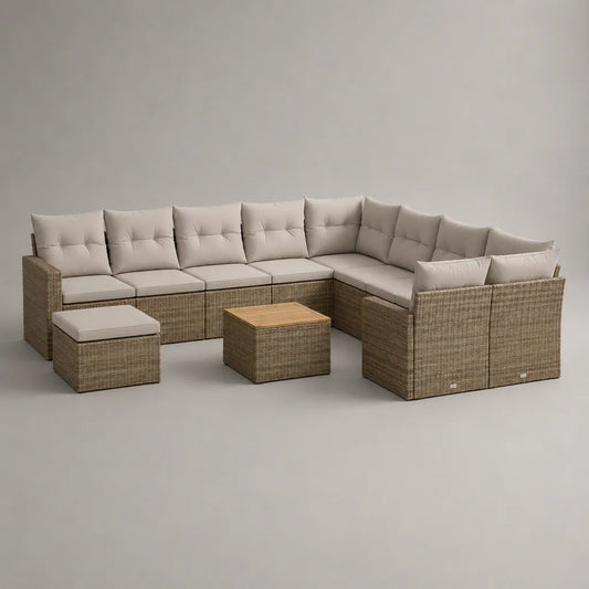 Ensemble de jardin d’angle modulable 9 pièces, 7 places, en résine tressée PE, acier et bois, taupe et beige, 324 × 204 × 74 cm