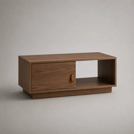 Table basse rectangulaire en bois marron noyer avec porte coulissante et niche ouverte, 100 × 50 × 40 cm