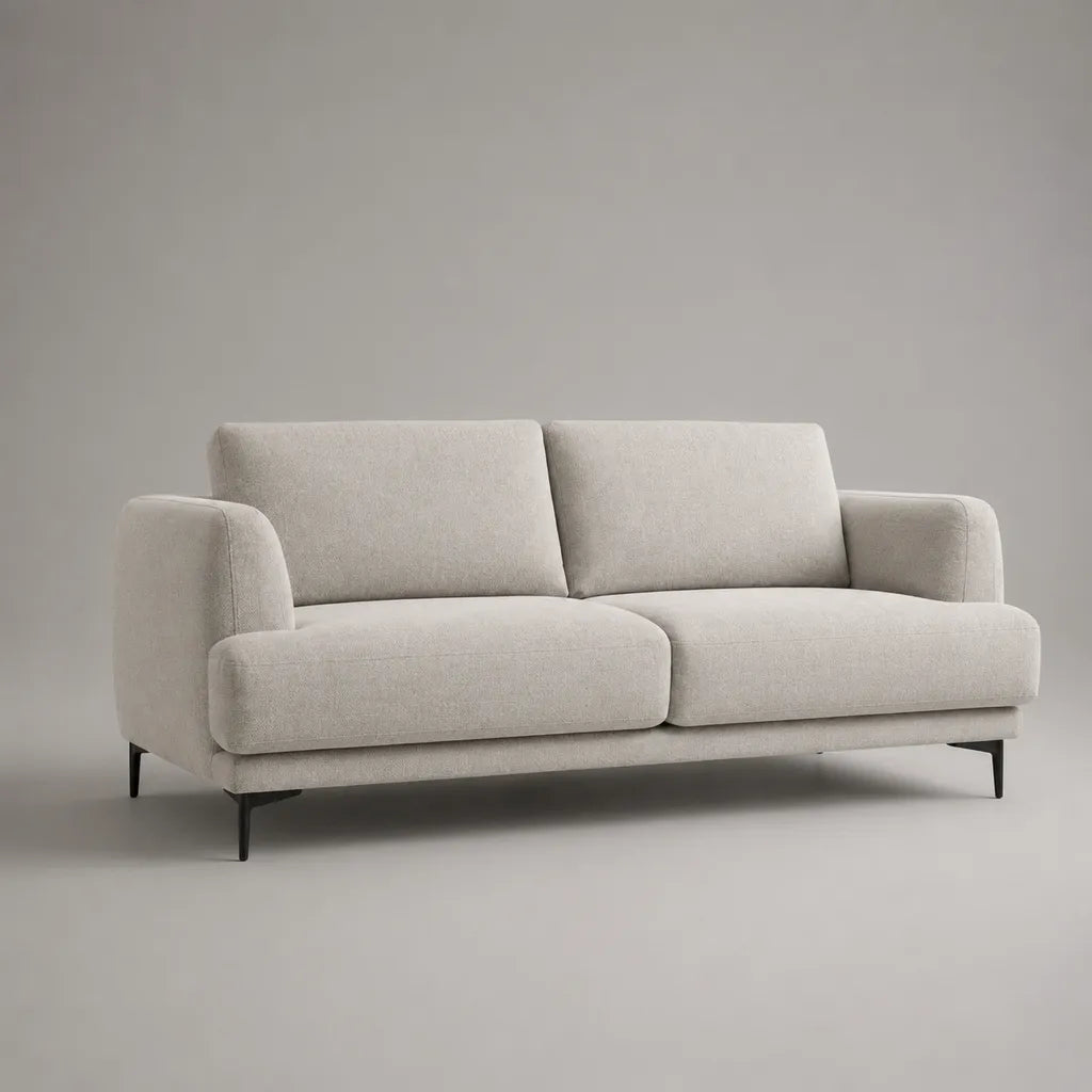 Canapé droit 3 places en tissu blanc cassé et métal noir, 203 × 90 × 84 cm