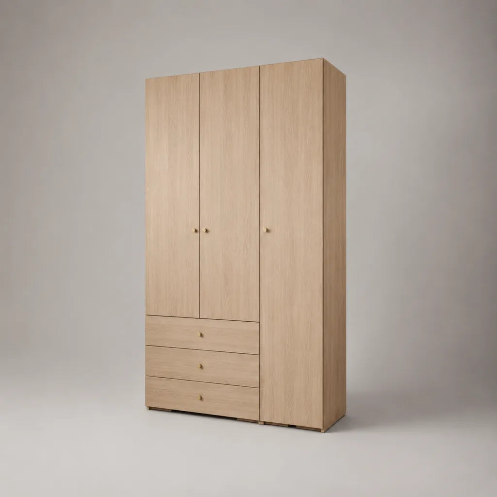 Armoire de rangement en panneaux de particules, 3 portes et 3 tiroirs, chêne clair, 150 × 55 × 220 cm