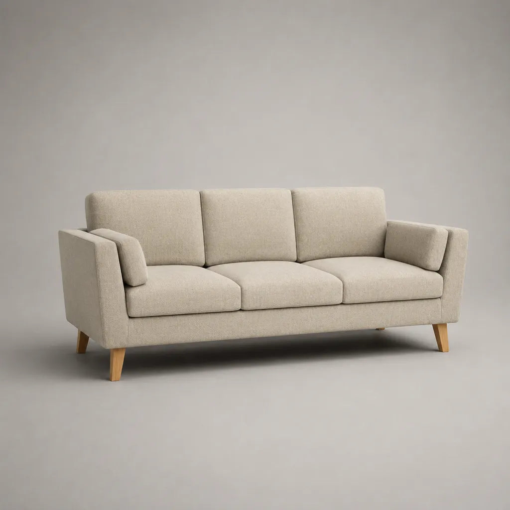 Canapé droit 3 places en tissu beige avec pieds en bois, 205 × 86 × 85 cm