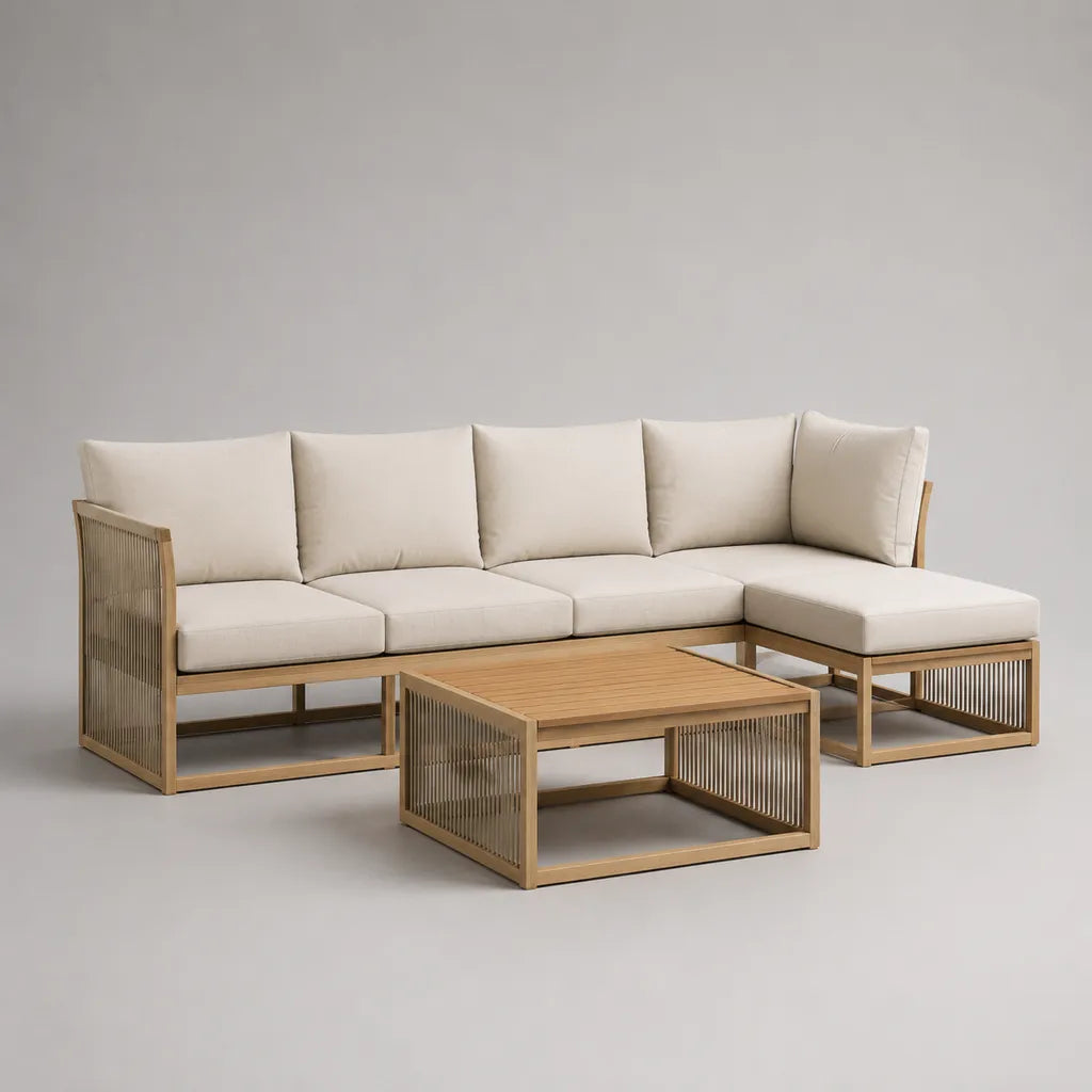 Canapé de jardin d’angle 4 places avec méridienne droite et table basse en aluminium effet bois, cordage beige et coussins écrus, 238 × 168 × 78 cm