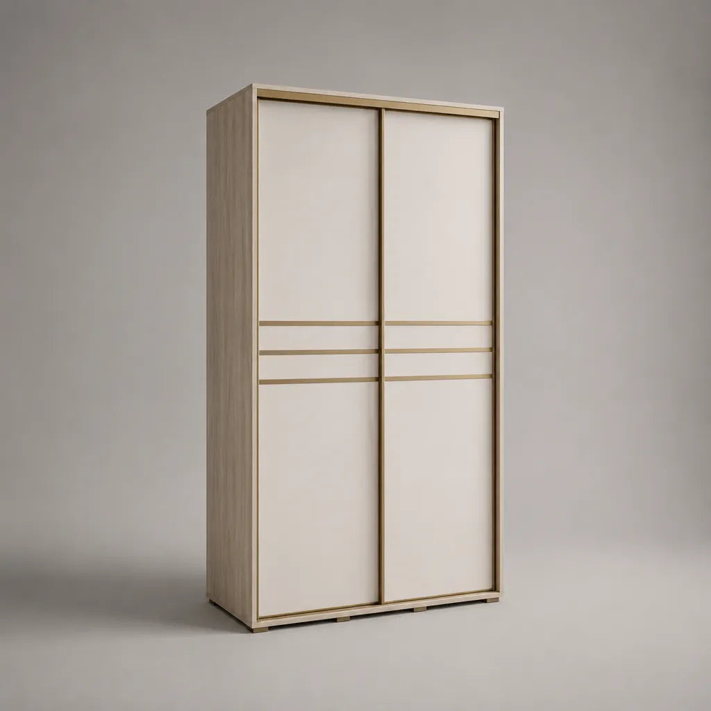 Armoire penderie en bois à 2 portes coulissantes, beige, chêne clair et doré, 100 × 55 × 200 cm