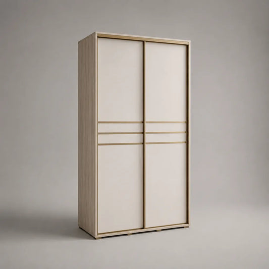 Armoire penderie en bois à 2 portes coulissantes, beige, chêne clair et doré, 100 × 55 × 200 cm