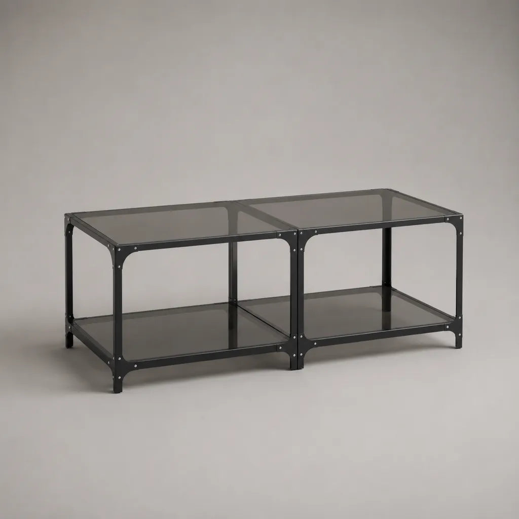 Table basse rectangulaire en verre fumé et acier noir avec étagère basse, 110 × 55 × 45 cm