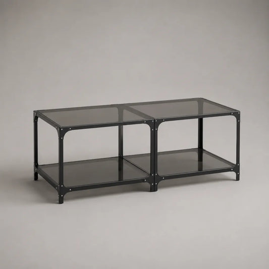 Table basse rectangulaire en verre fumé et acier noir avec étagère basse, 110 × 55 × 45 cm