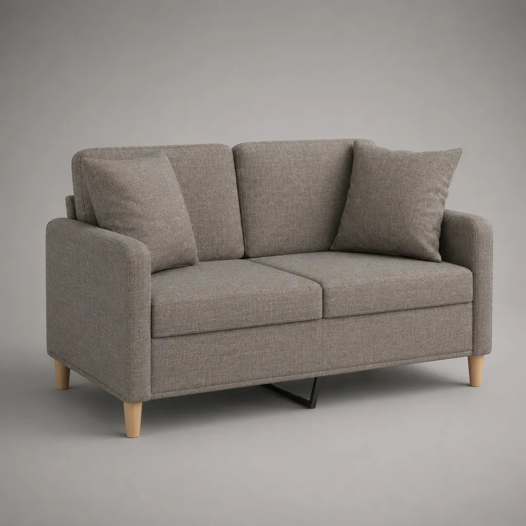 Canapé convertible 2 places en polyester gris taupe avec pieds en bois beige clair, 145 × 82 × 84 cm