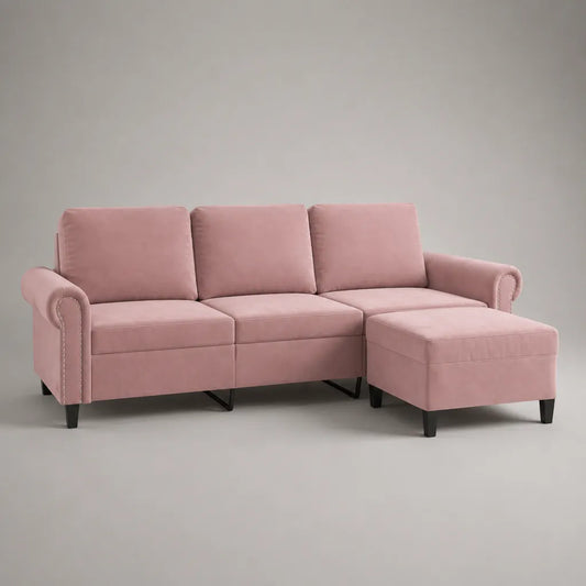 Canapé d’angle 3 places en tissu avec méridienne droite, rose poudré/noir, 220 × 145 × 88 cm