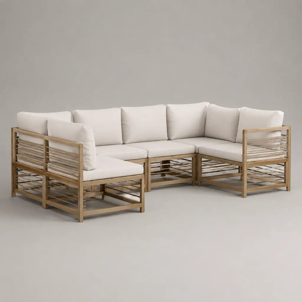 Canapé de jardin modulable 6 places en bois et corde polyester, bois naturel, beige et blanc cassé, 300 × 190 × 78 cm