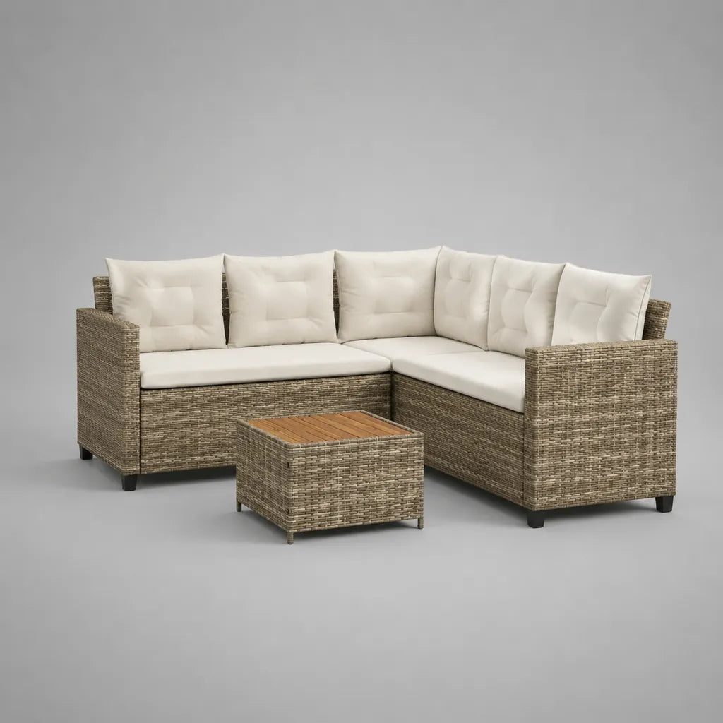 Salon de jardin d’angle 5 places avec table basse en résine tressée PE, acier et acacia, taupe, beige et marron, canapé 220 × 220 × 75 cm, table 65 × 65 × 35 cm