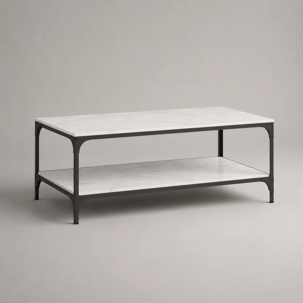 Table basse rectangulaire à 2 niveaux en panneau mélaminé effet marbre blanc et acier noir, 100 × 55 × 45 cm