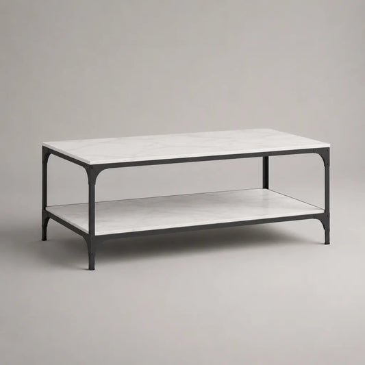 Table basse rectangulaire à 2 niveaux en panneau mélaminé effet marbre blanc et acier noir, 100 × 55 × 45 cm