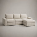 Canapé d’angle 3 places en tissu bouclé écru avec méridienne fixe à droite, 240 × 160 × 85 cm