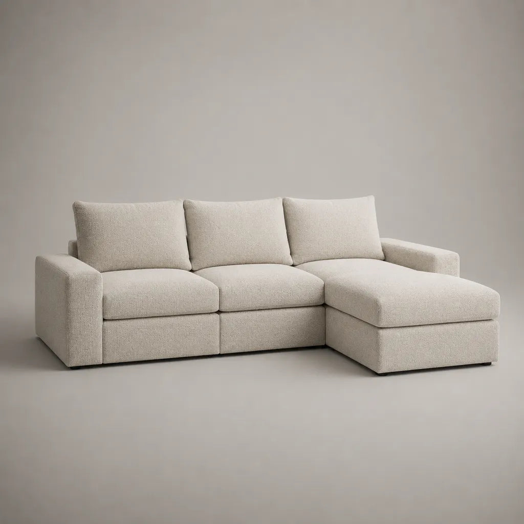 Canapé d’angle 3 places en tissu bouclé écru avec méridienne fixe à droite, 240 × 160 × 85 cm