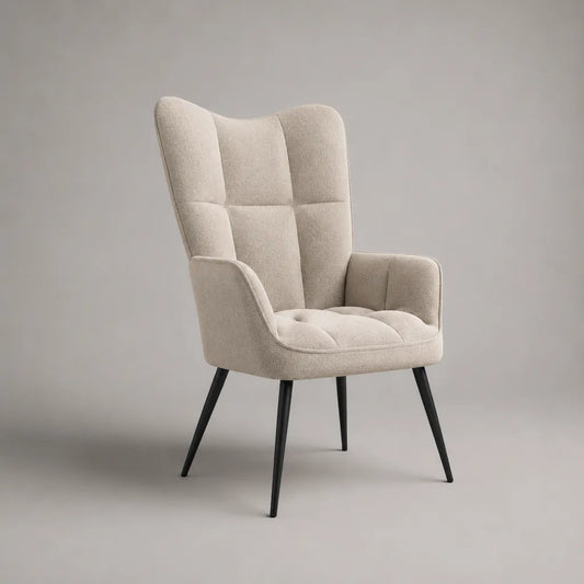 Fauteuil à oreilles en tissu beige avec pieds en métal noir, 72 × 75 × 105 cm