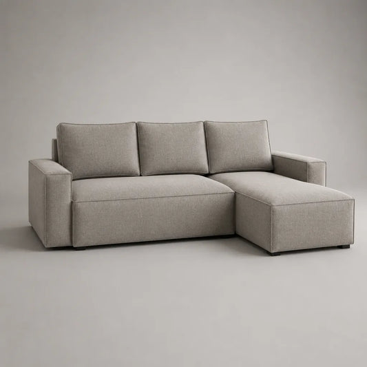 Canapé d’angle 3 places en tissu gris clair avec méridienne droite, 220 × 150 × 85 cm