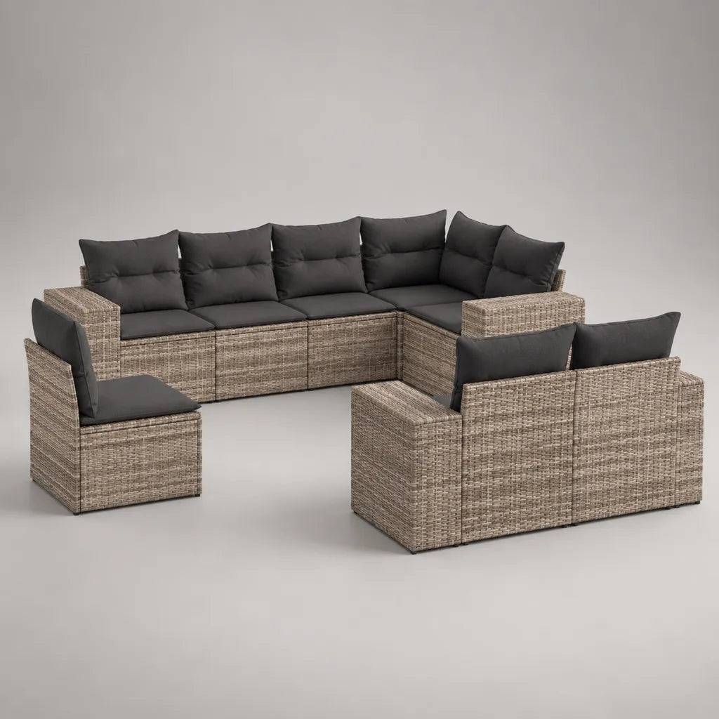Salon de jardin modulable en U 9 places, 9 éléments en résine tressée beige avec coussins en tissu anthracite, 280 × 210 × 64 cm