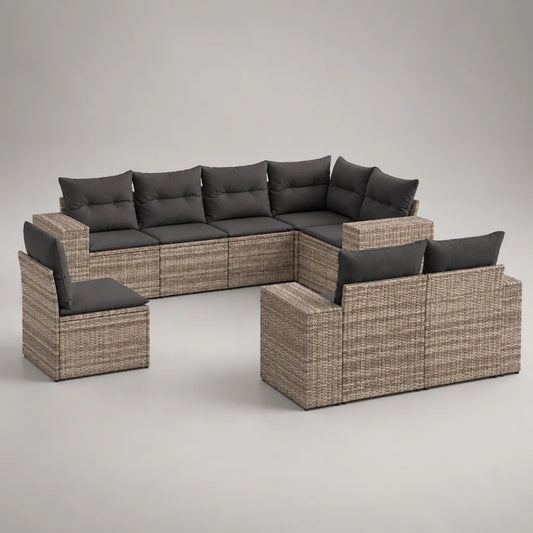 Salon de jardin modulable en U 9 places, 9 éléments en résine tressée beige avec coussins en tissu anthracite, 280 × 210 × 64 cm