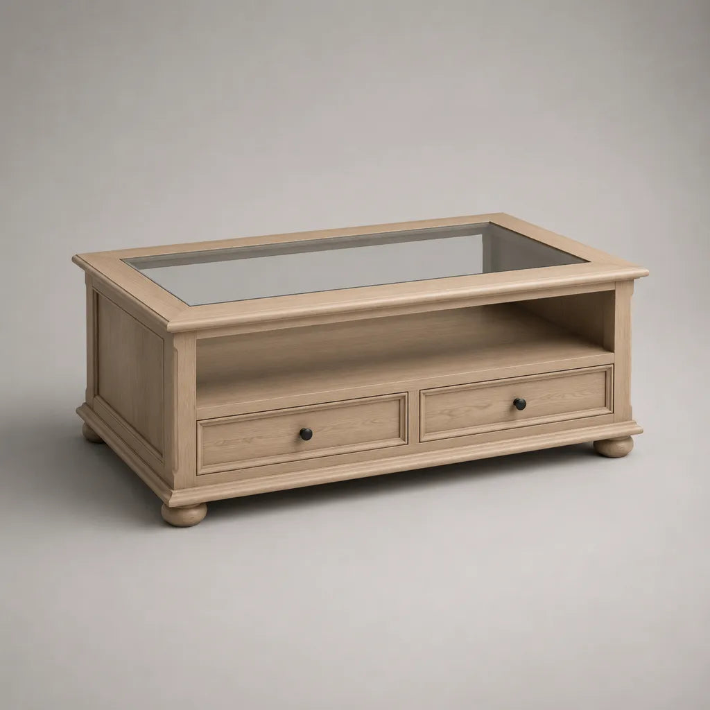 Table basse rectangulaire en chêne massif et verre trempé avec 2 tiroirs et tablette, 110 × 60 × 48 cm, chêne clair