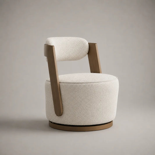 Fauteuil pivotant en bouclé polyester et frêne massif, ivoire, brun noyer, brun bronze et noir, 74 x 72 x 78 cm