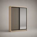 Armoire-penderie à 2 portes coulissantes avec miroir, panneaux mélaminés et MDF, chêne naturel et noir, 120 × 60 × 200 cm