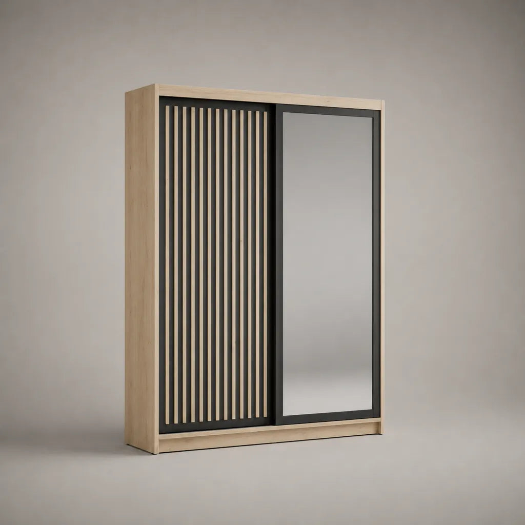 Armoire-penderie à 2 portes coulissantes avec miroir, panneaux mélaminés et MDF, chêne naturel et noir, 120 × 60 × 200 cm