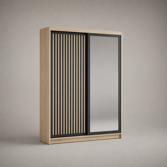 Armoire-penderie à 2 portes coulissantes avec miroir, panneaux mélaminés et MDF, chêne naturel et noir, 120 × 60 × 200 cm