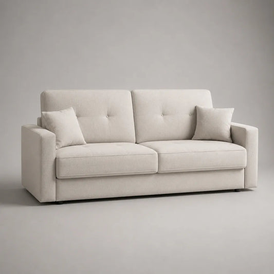 Canapé droit 3 places en tissu beige clair avec 2 coussins, 210 × 90 × 88 cm