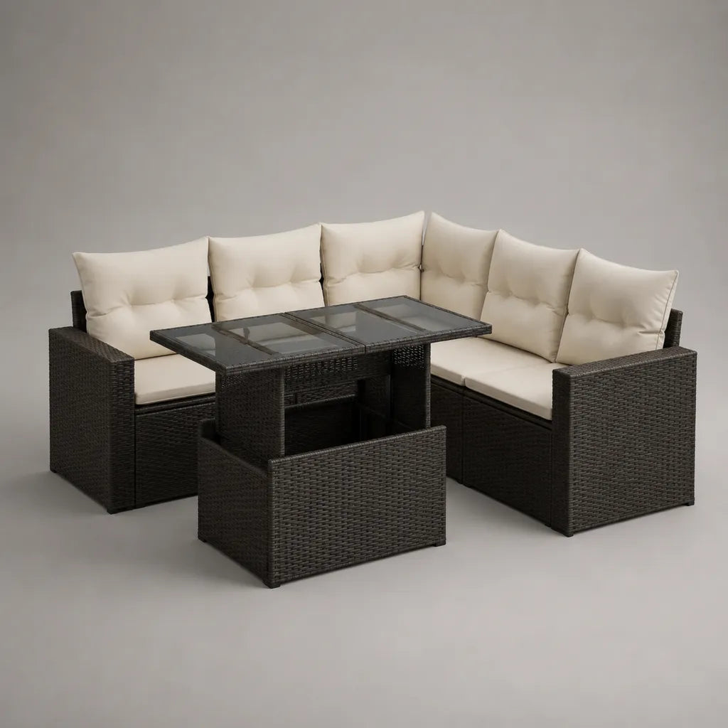 Salon de jardin d’angle 8 places en résine tressée marron foncé avec table, banc et coussins crème, 239 × 178 × 87 cm