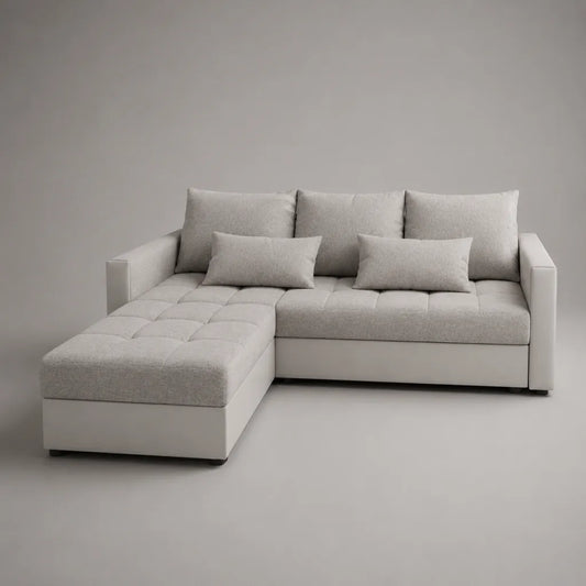 Canapé d’angle gauche 3 places avec méridienne en polyester et PU, gris clair et blanc, 225 × 150 × 85 cm
